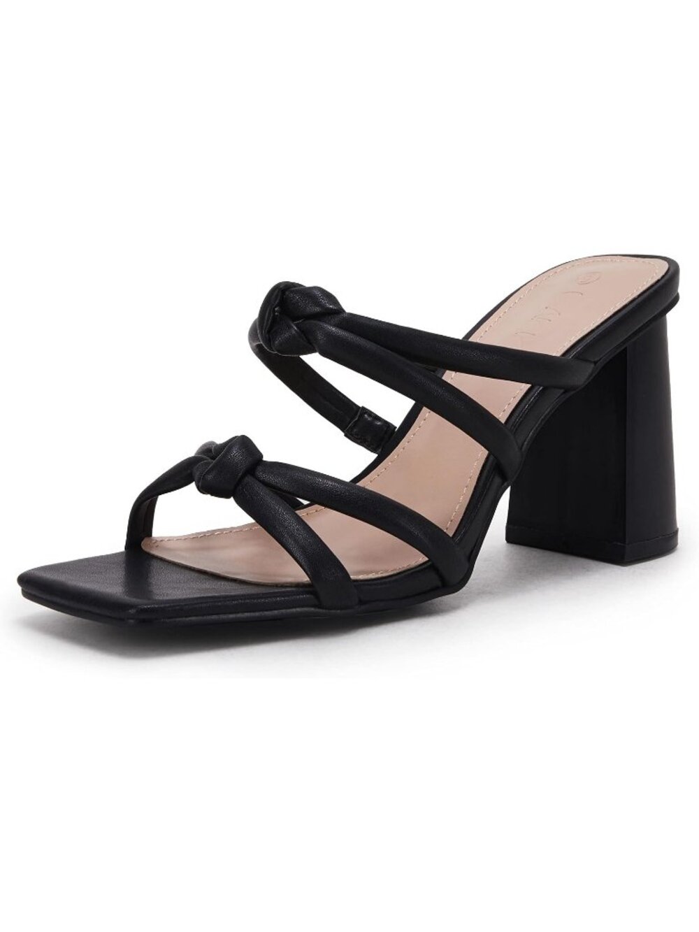 Women's Black Summer Square Open Toe Chunky Double Knot Strap High Heel Sandals